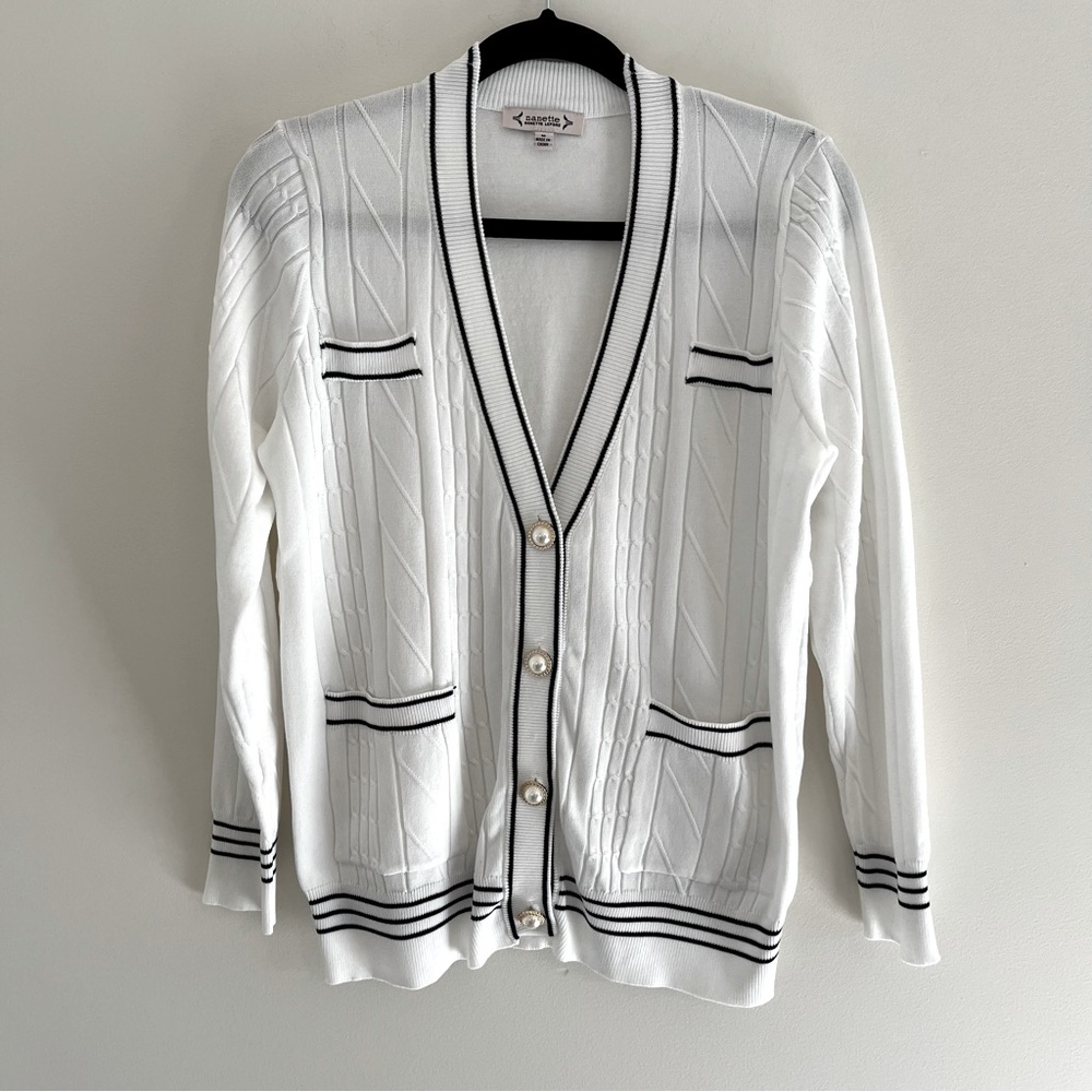Pearl button front cardigan black & white stripe